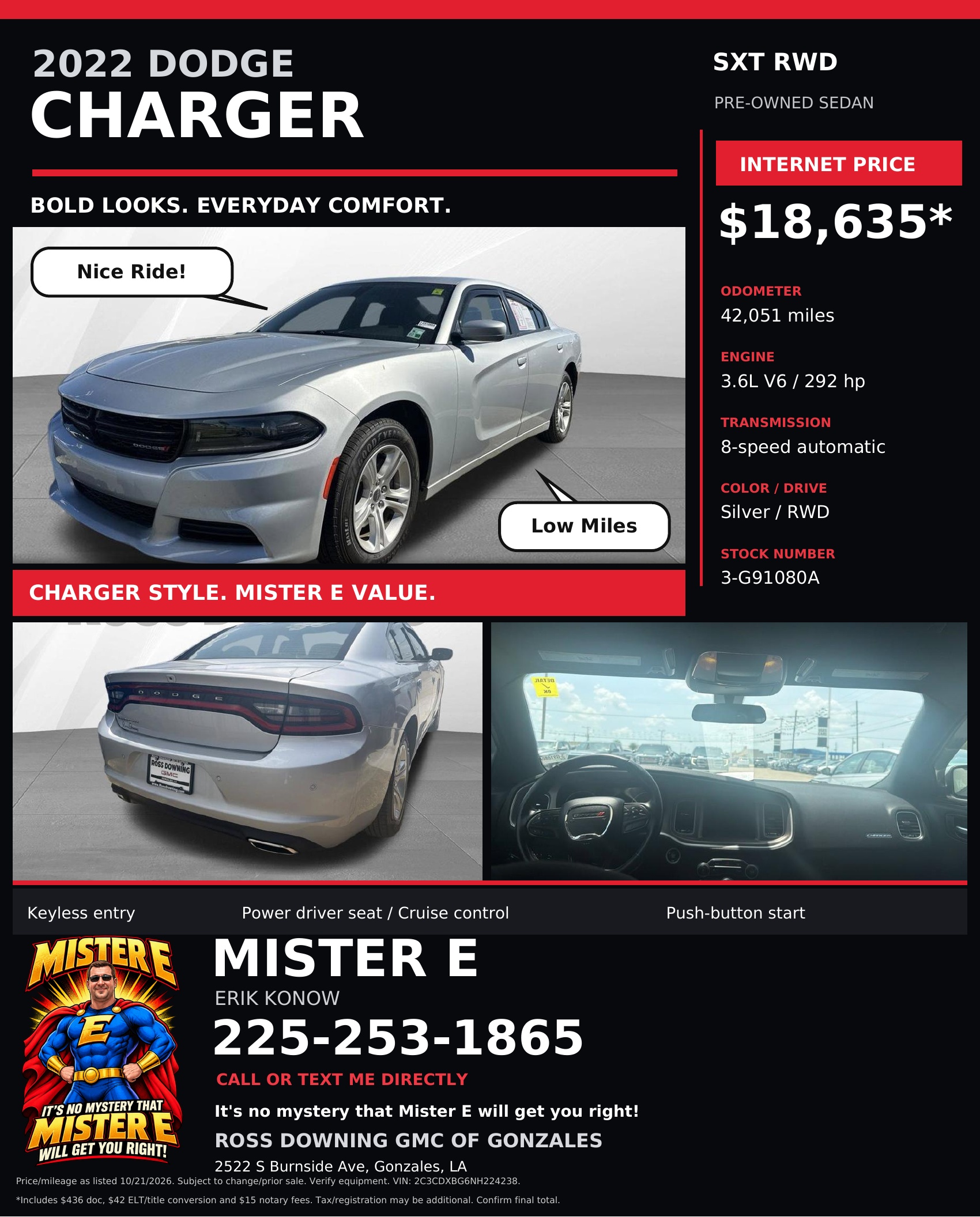 2022 Dodge Charger SXT RWD promotional flyer with Nice Ride and Low Miles speech bubbles; open full-size to read pricing and terms