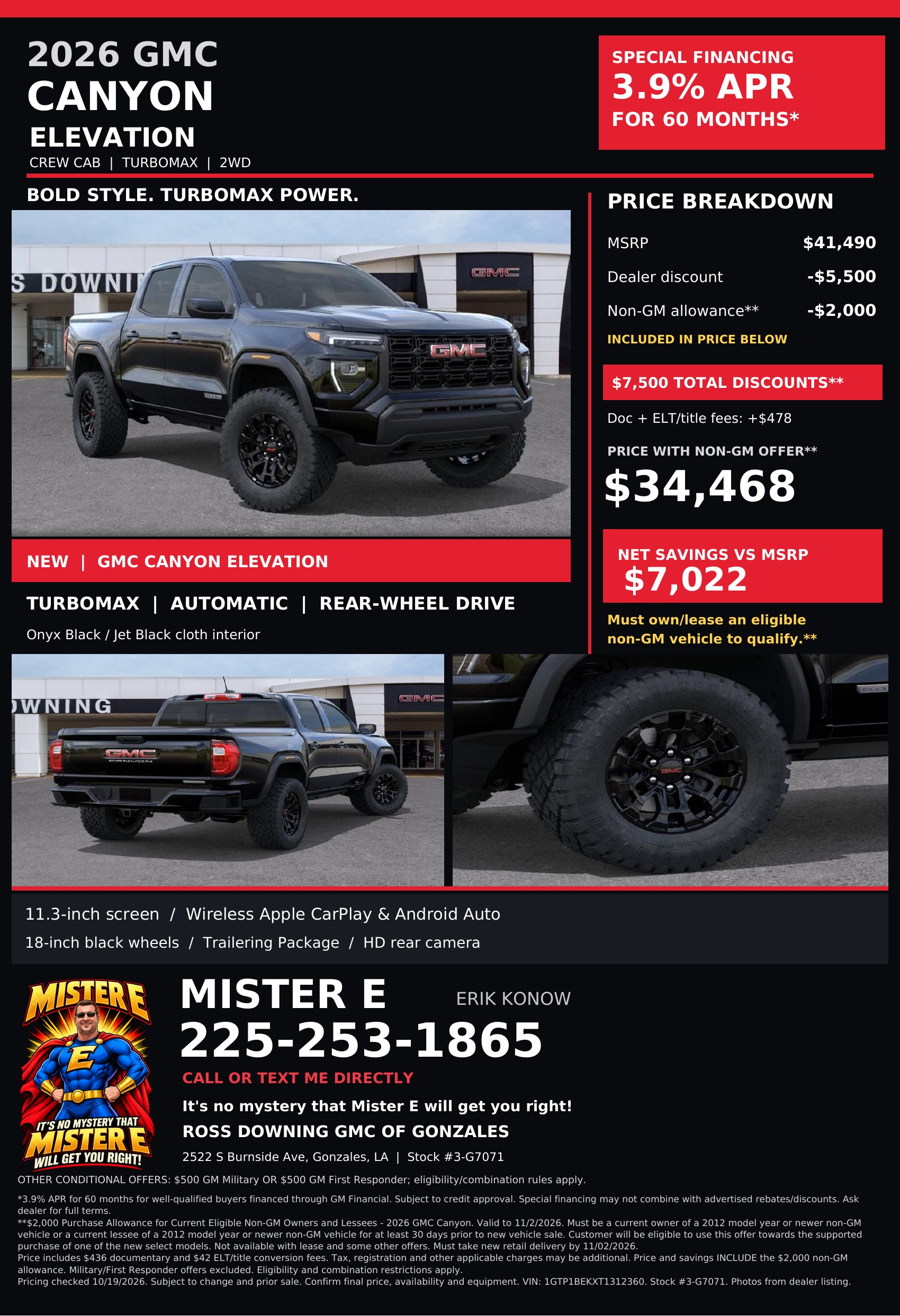 2026 GMC Canyon Elevation promotional flyer; open full-size to read pricing and terms