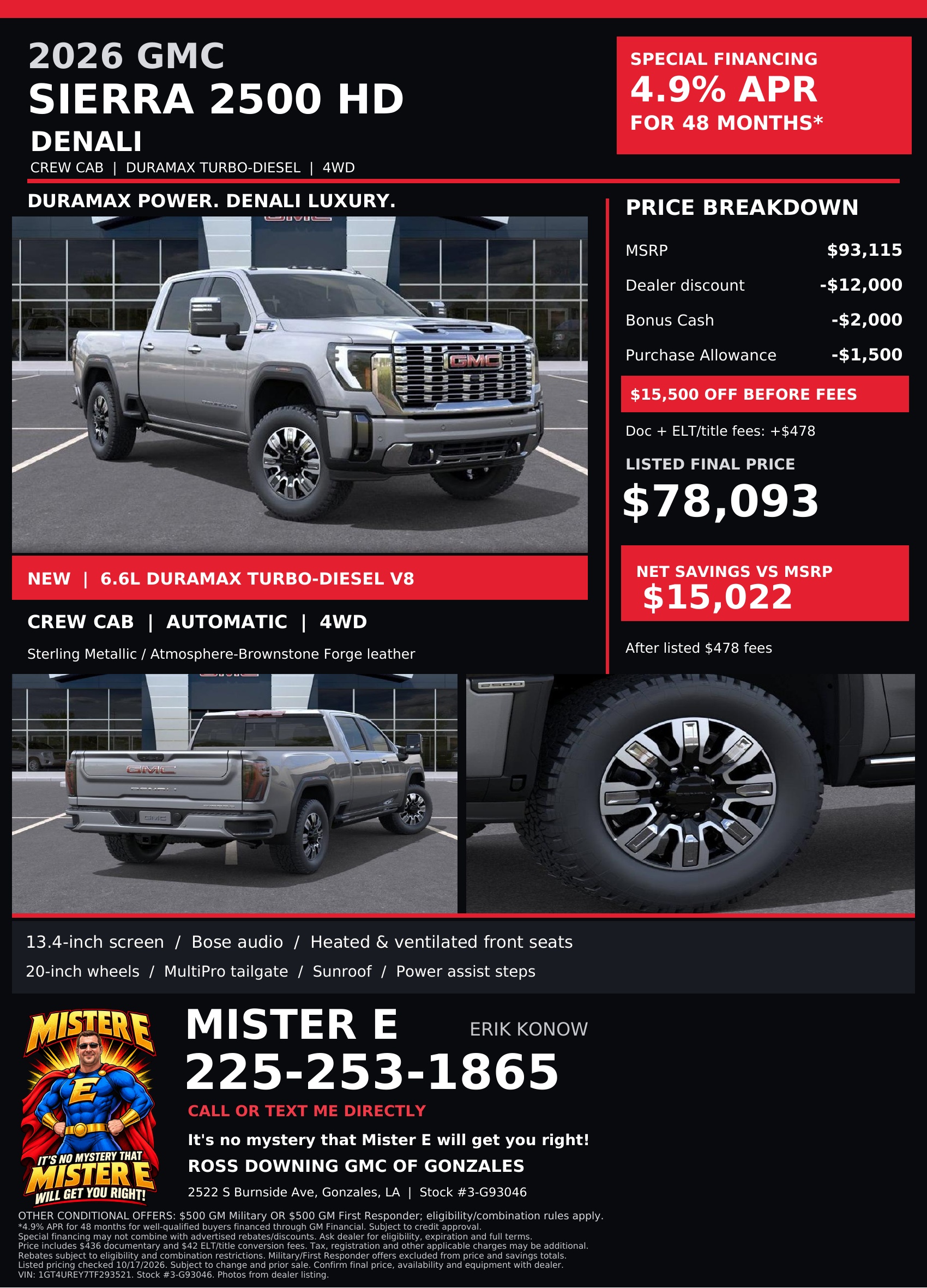 2026 GMC Sierra 2500 HD Denali promotional flyer; open full-size to read pricing and terms