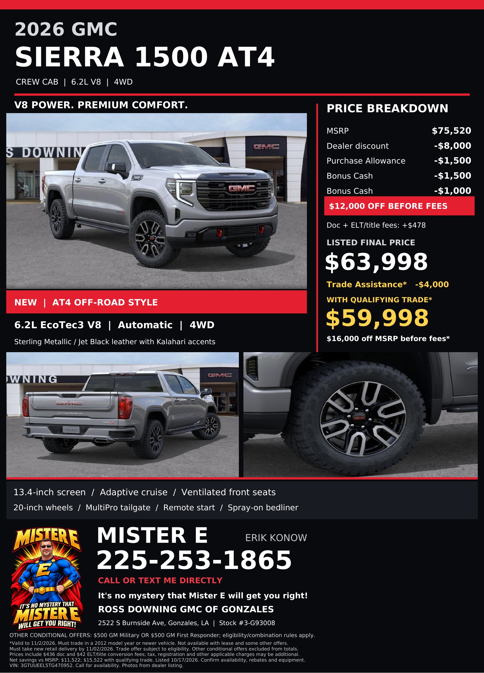 2026 GMC Sierra 1500 AT4 promotional flyer; open full-size to read pricing and terms