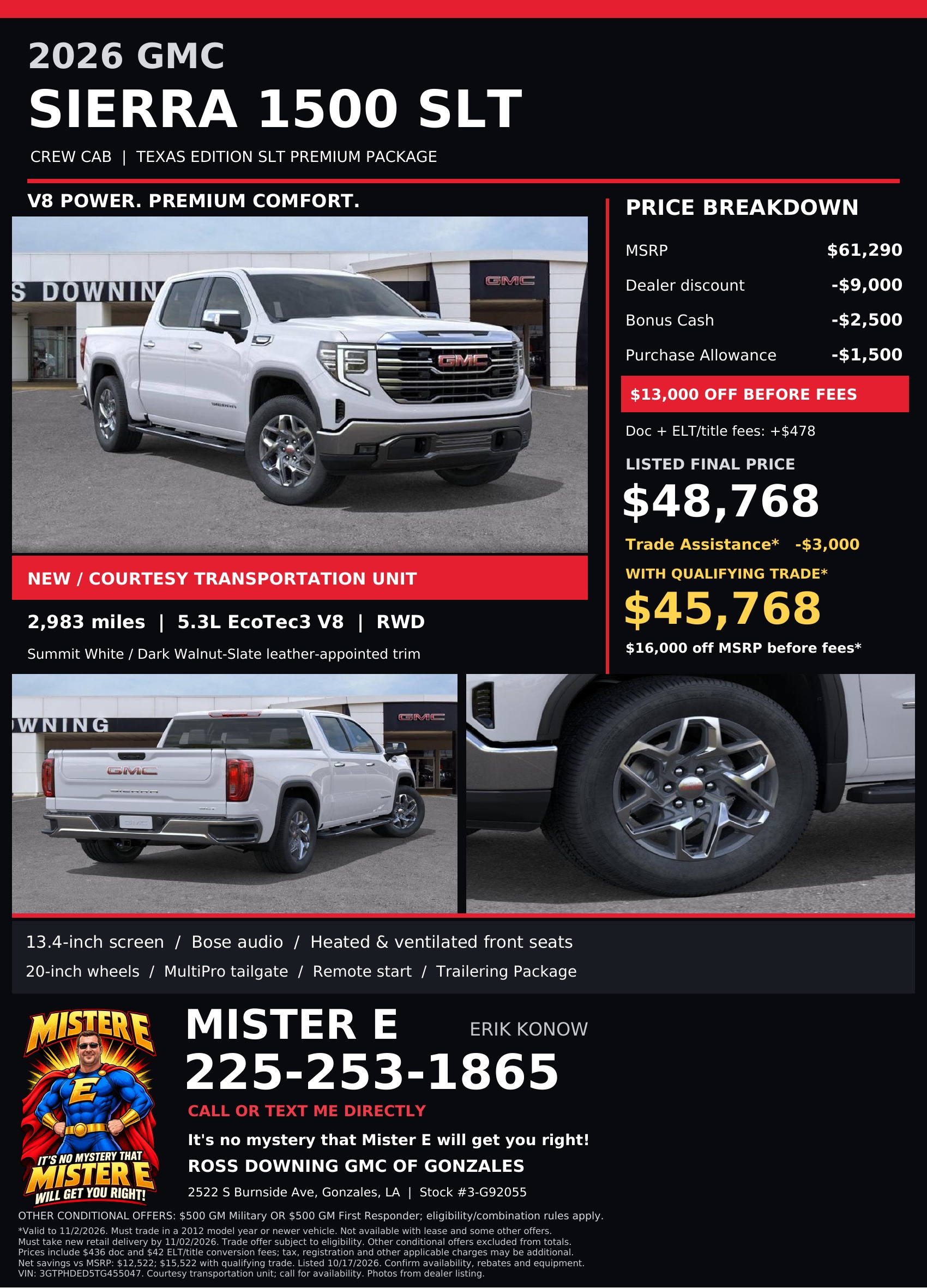 2026 GMC Sierra 1500 SLT promotional flyer; open full-size to read pricing and terms