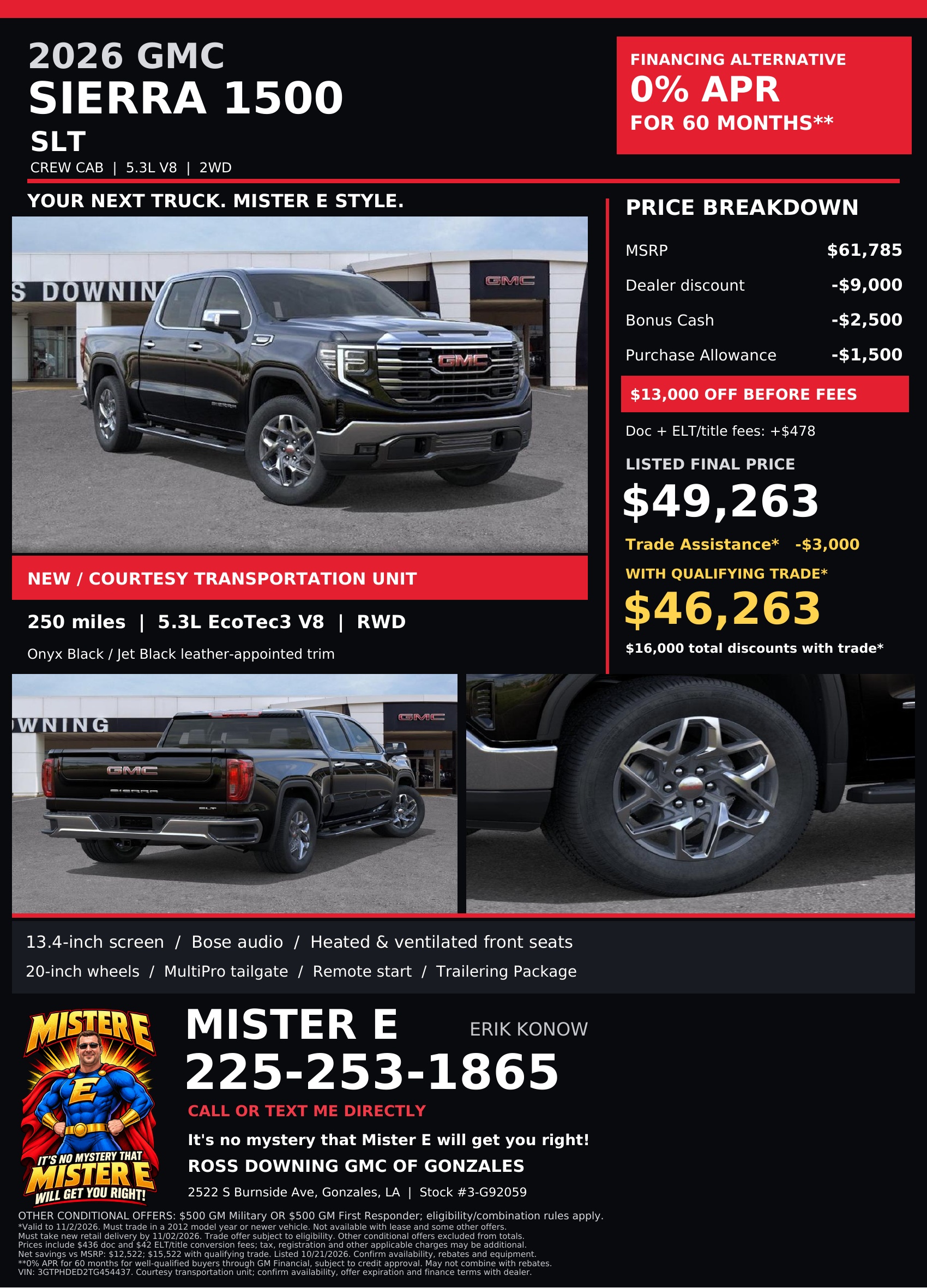 2026 GMC Sierra 1500 SLT · TG454437 promotional flyer; open full-size to read pricing and terms