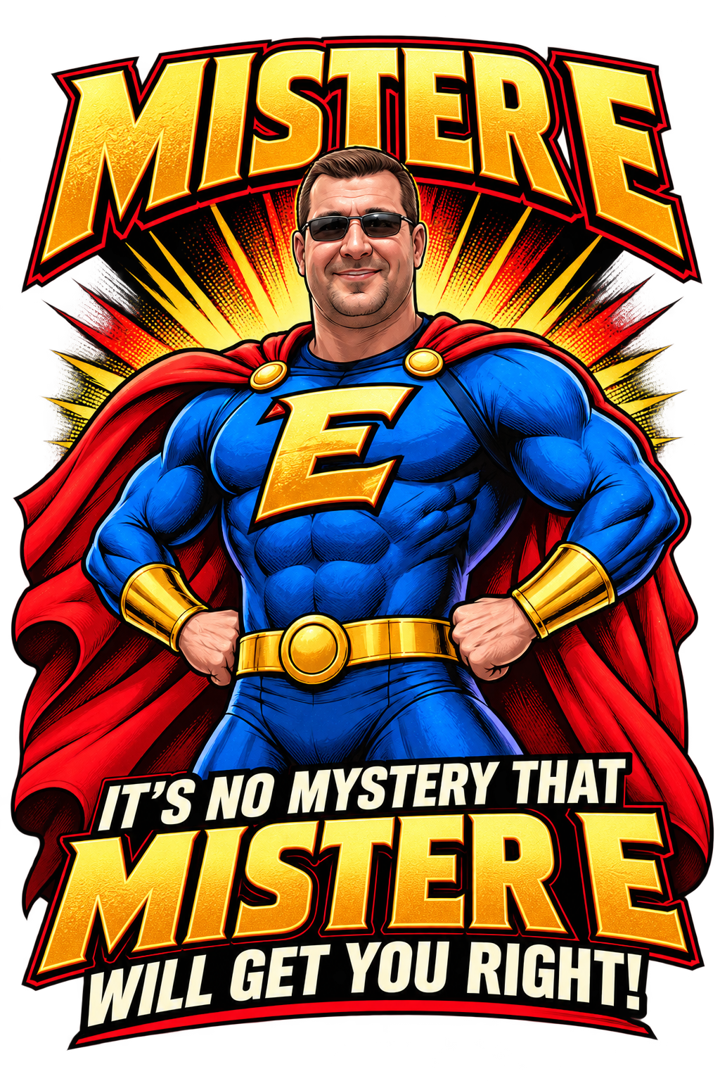 Erik Konow as Mister E, wearing his blue superhero suit, gold E emblem, and red cape